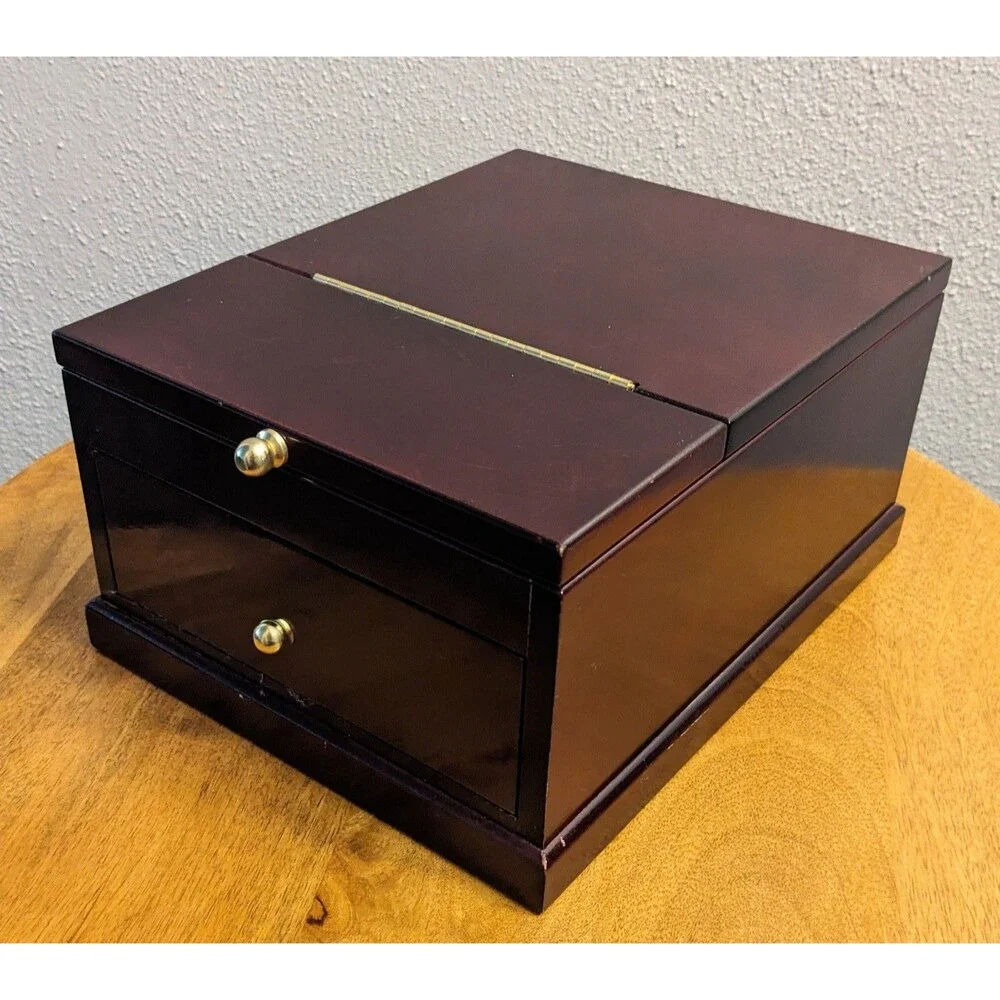 Vintage Solid Wood Jewelry Box Cherry Finish Pink Velvet Lining Flip Up Mirror